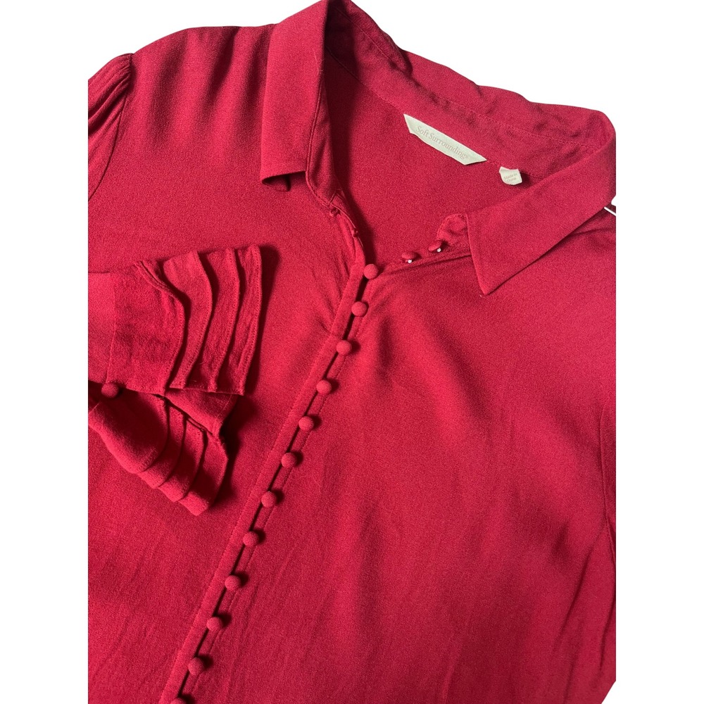 Soft Surroundings Red Ruffle Cuff Button Front Blouse Top 2AT59 Womens Large